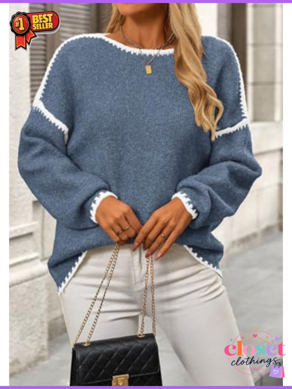 Oversized Chunky Knit Pullover Sweater Crewneck Long Sleeve Drop Shoulder - Picture 4 of 6
